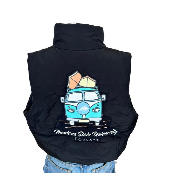 Montana State Bobcat Puffer Vest Black LARGE Tailgate Football Unique Crop MSU - Picture 1 of 5